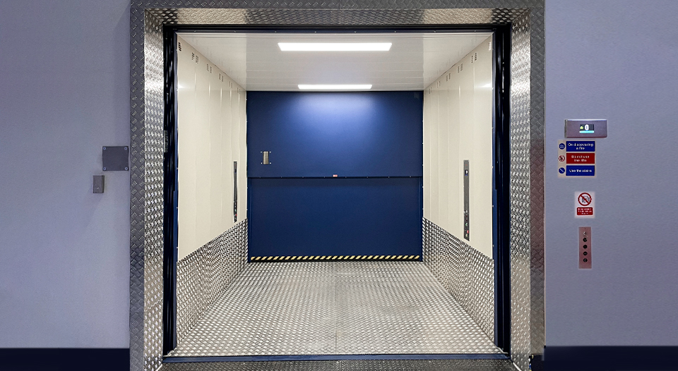 Commercial goods lift with doors open